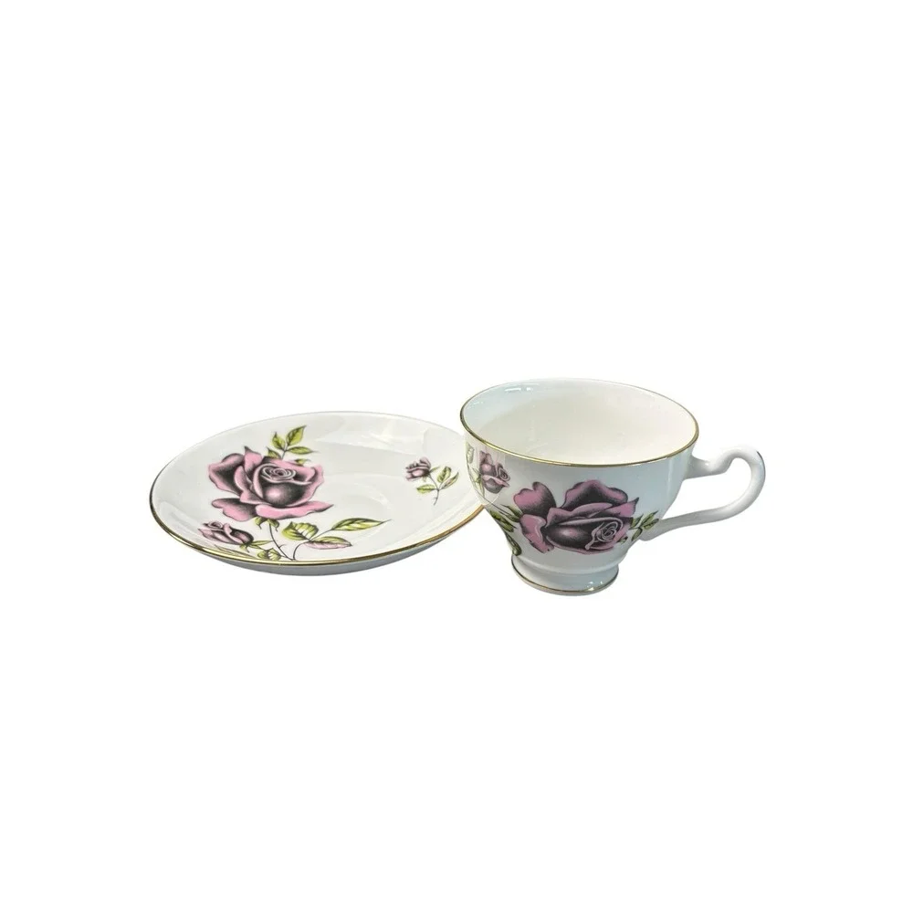 Imperial Fine English Bone China Pink Rose Tea Cup Saucer 22K Gold